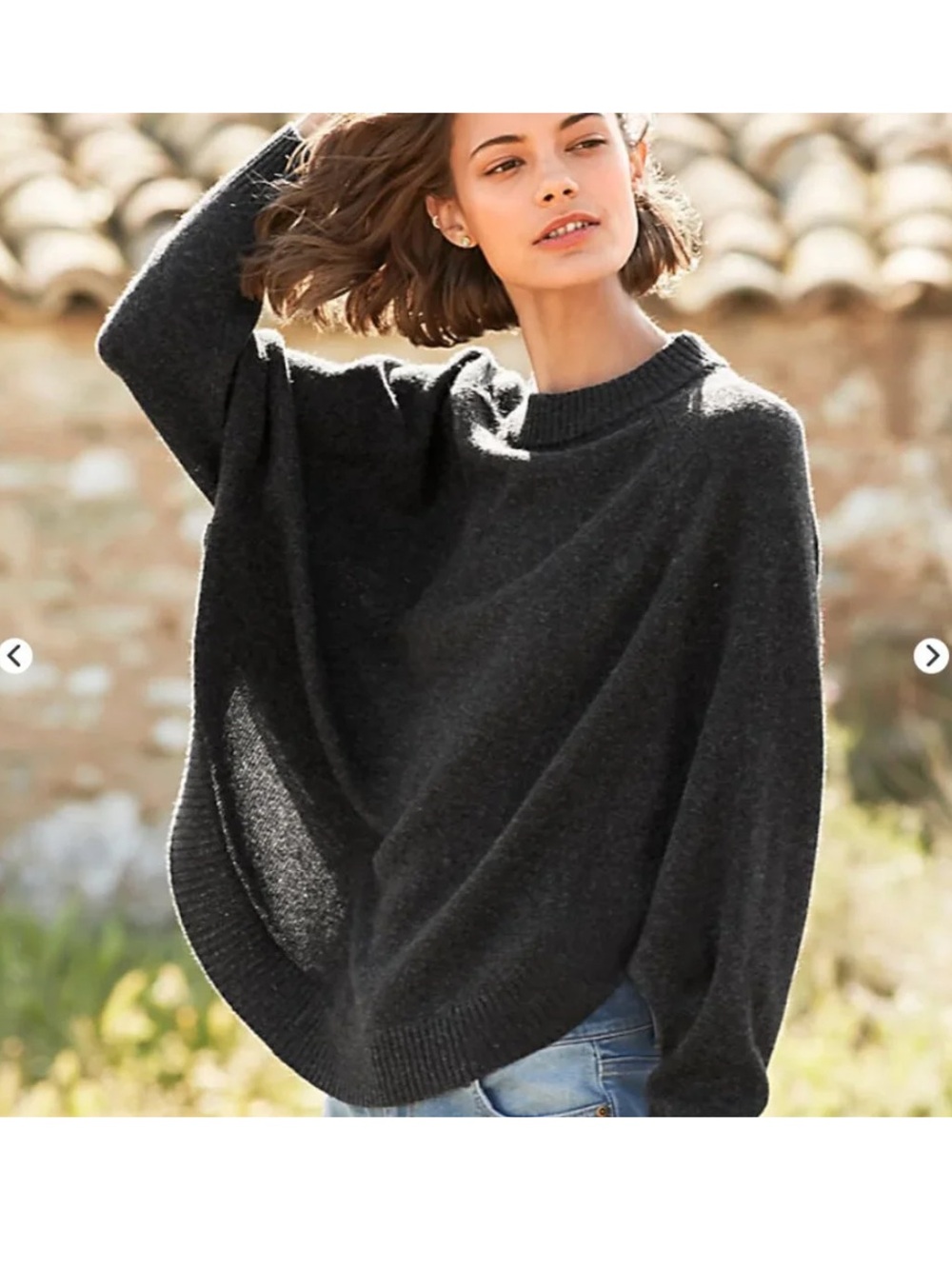 Garnet Hill Yak Extra Fine Merino Wool Dolman Sleeve Scalloped Sweater Gray